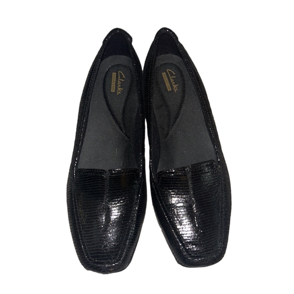 BNWT Clark’s Hayden Gloss Black Lizard Leather Slip On Shoe Size 8W